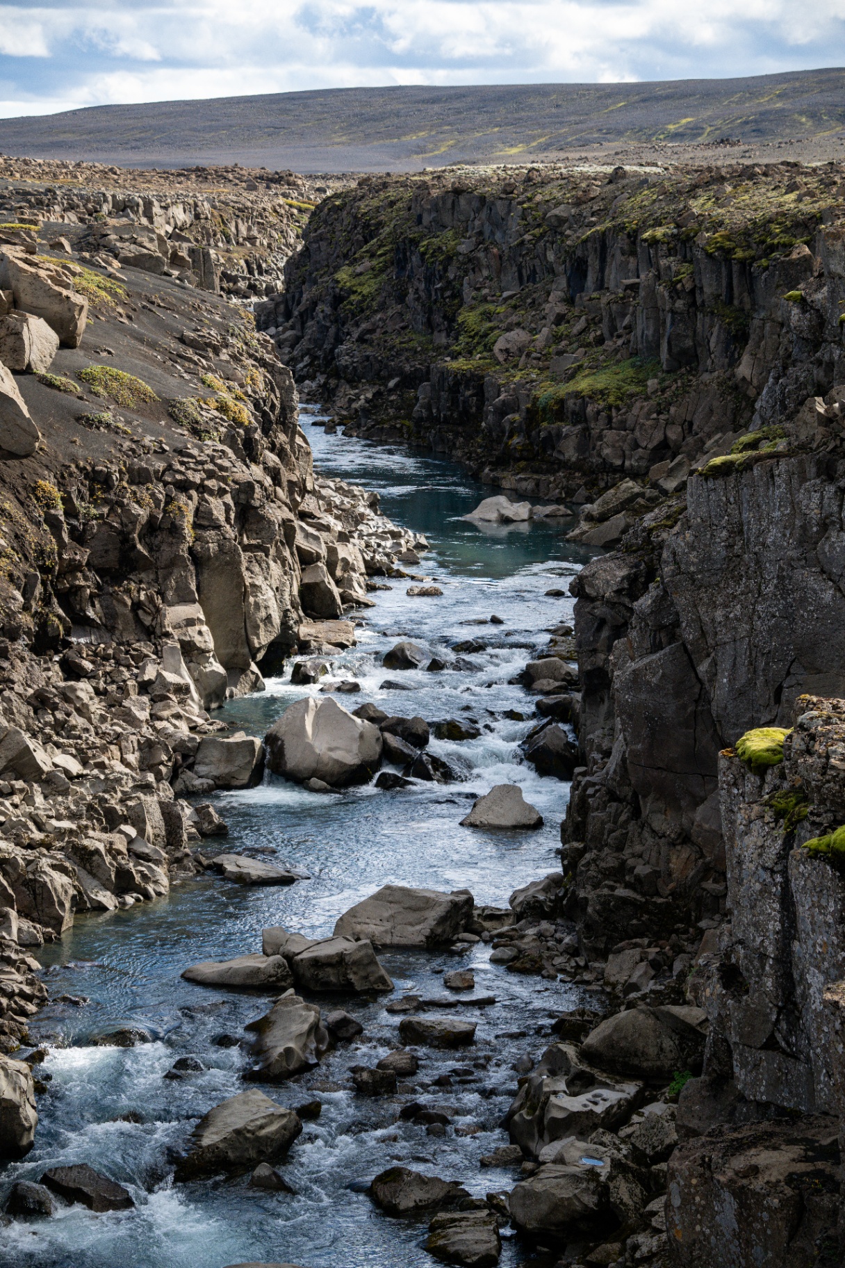 Glacial river cutting through a basalt canyon in the Icelandic interior
