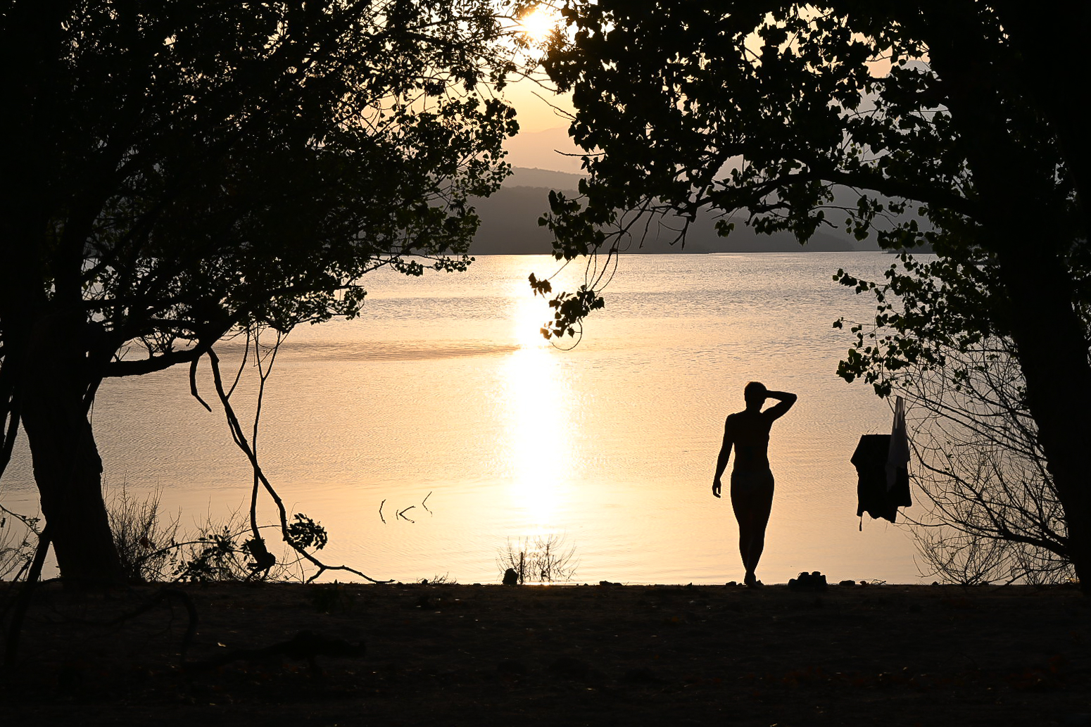 Swimmer silhouetted on a lake shore at golden hour