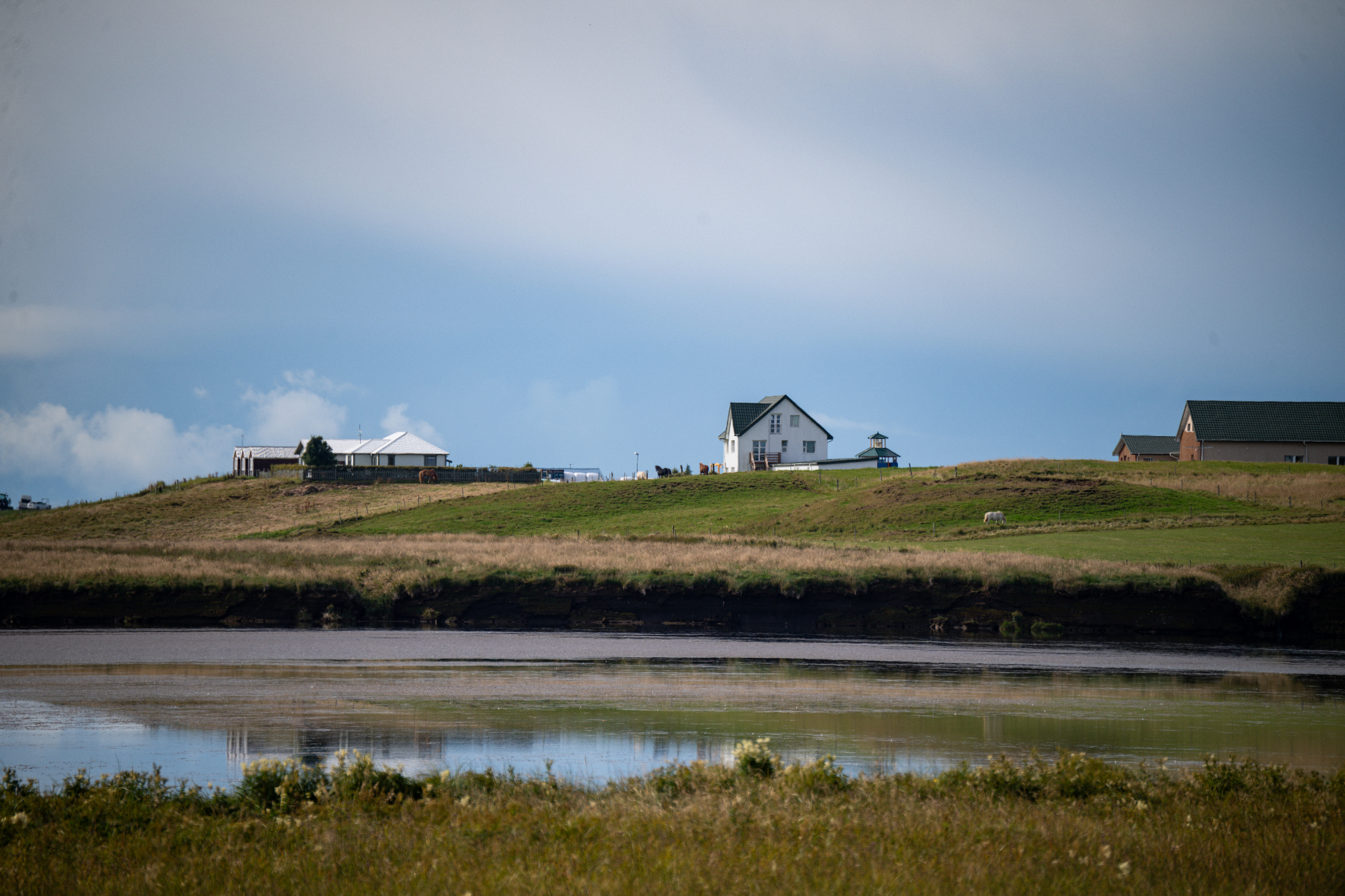 Icelandic farmsteads and horses on a green ridge above a still river
