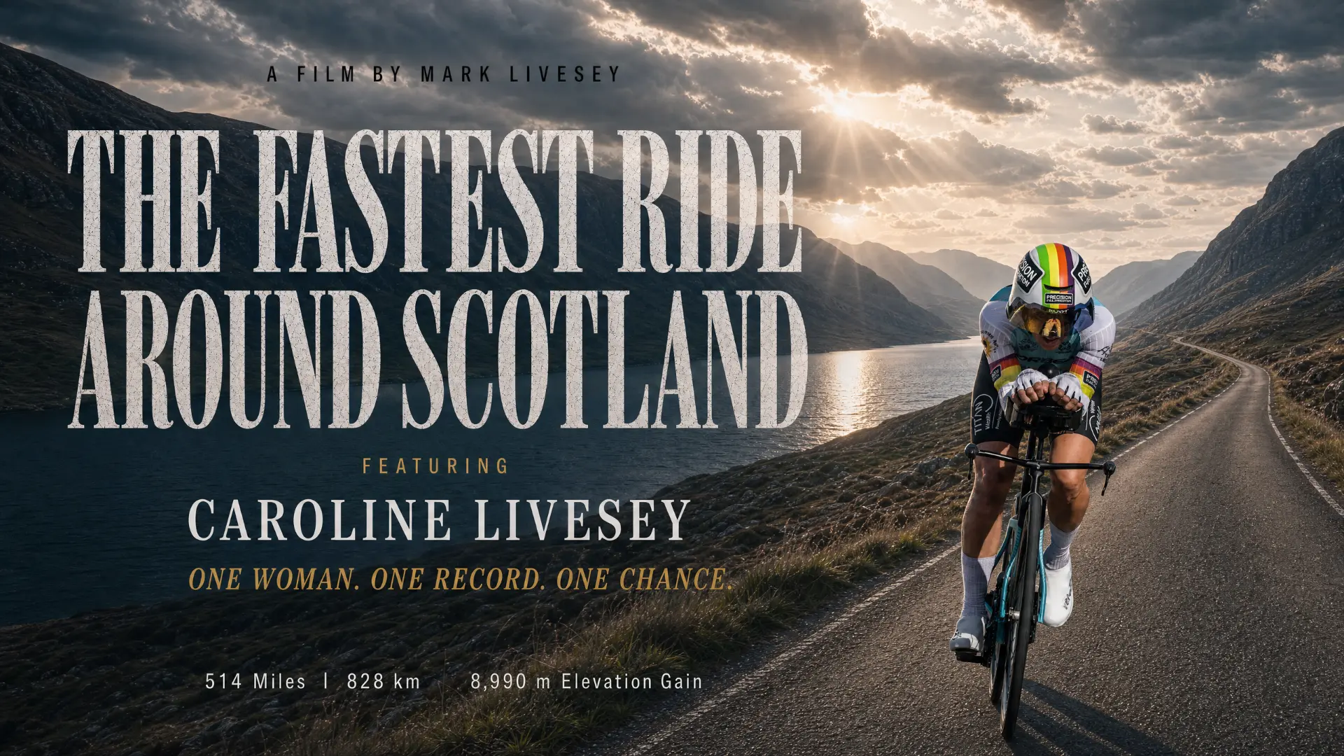 Title frame from The Fastest Ride Around Scotland showing a cyclist on a Highland road at sunset