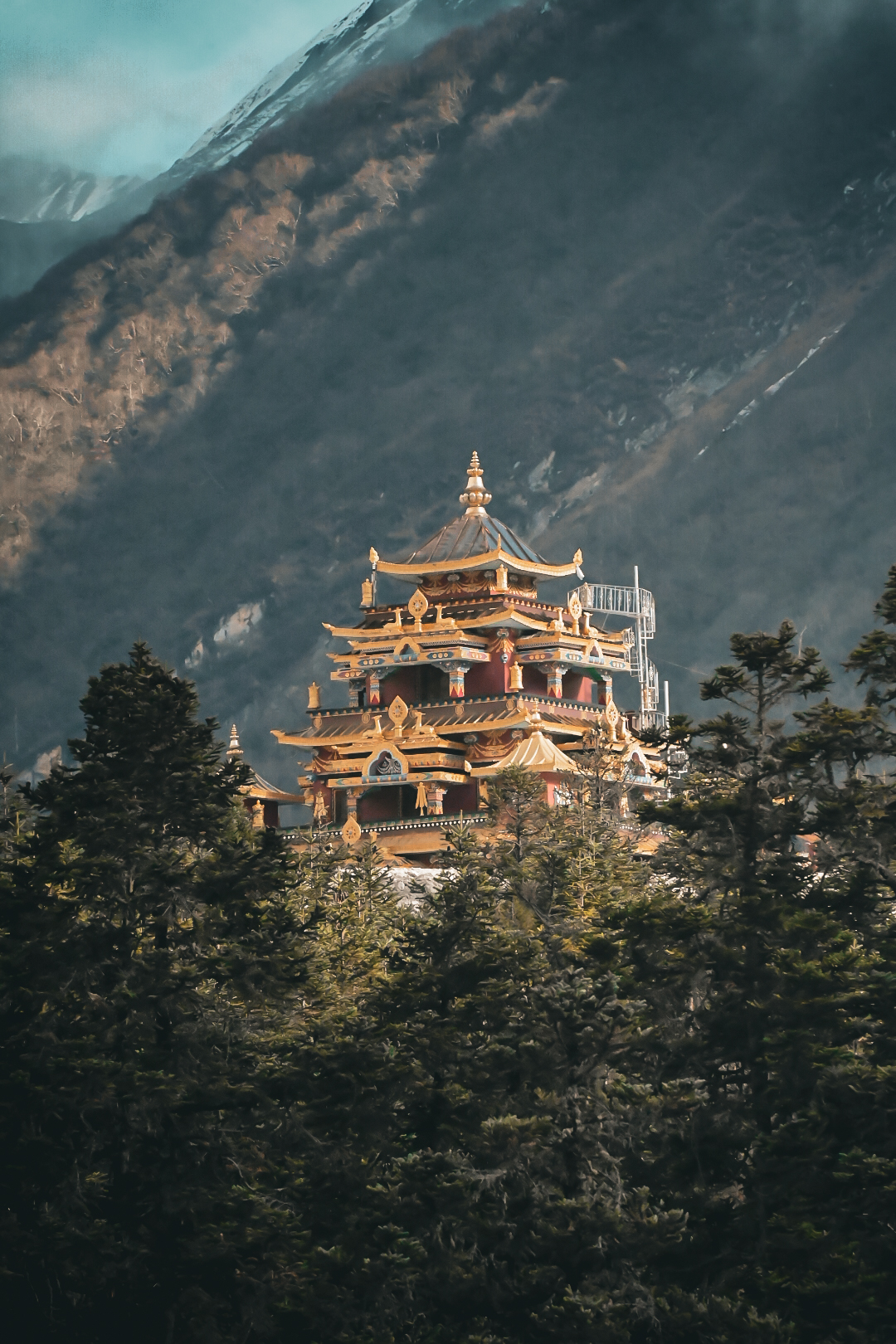 Golden monastery rising out of pine forest below a snow dusted mountain
